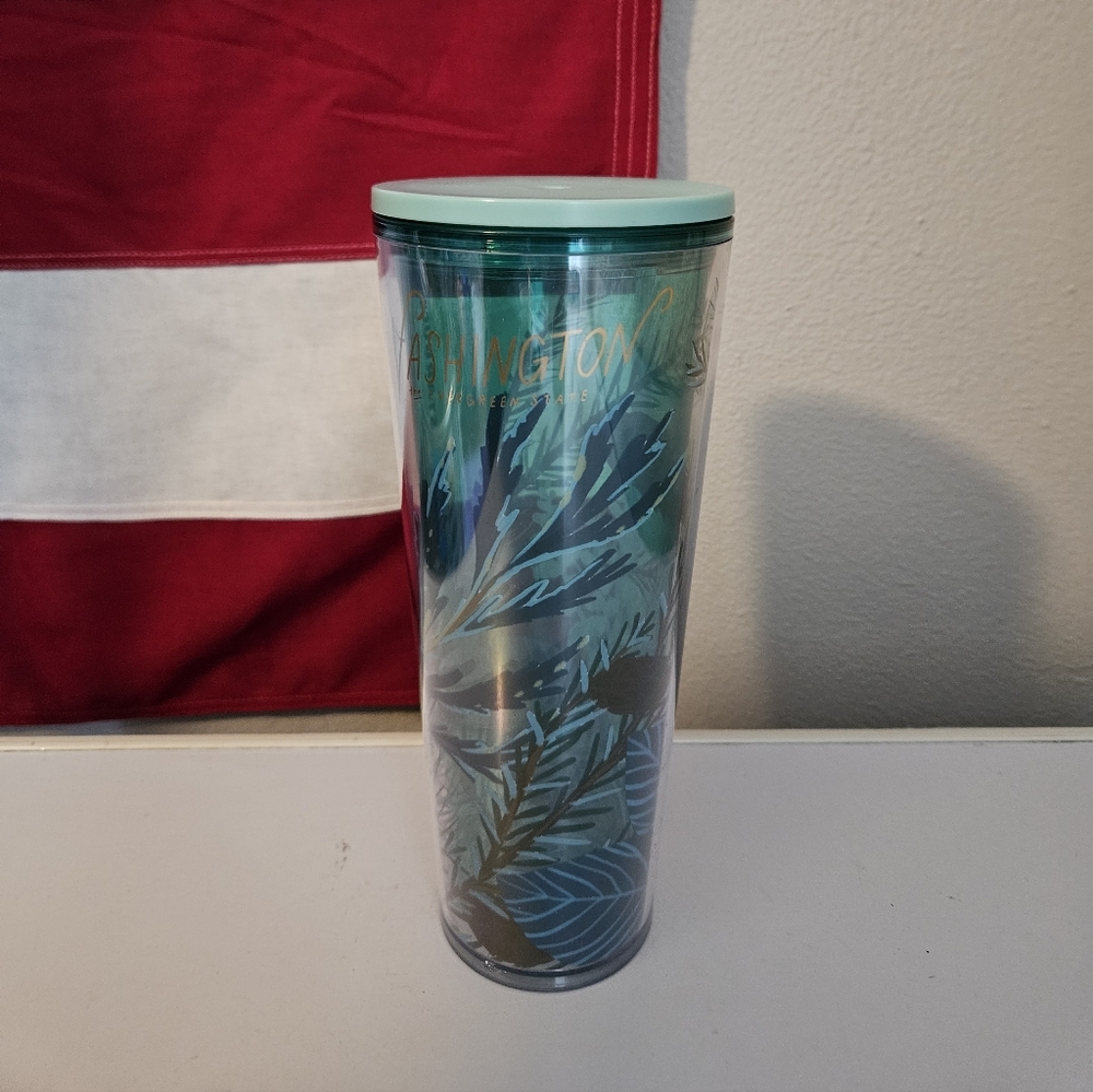 Starbucks Washington Turquoise blue Tumbler with Leaf Pine tree evergreen Design